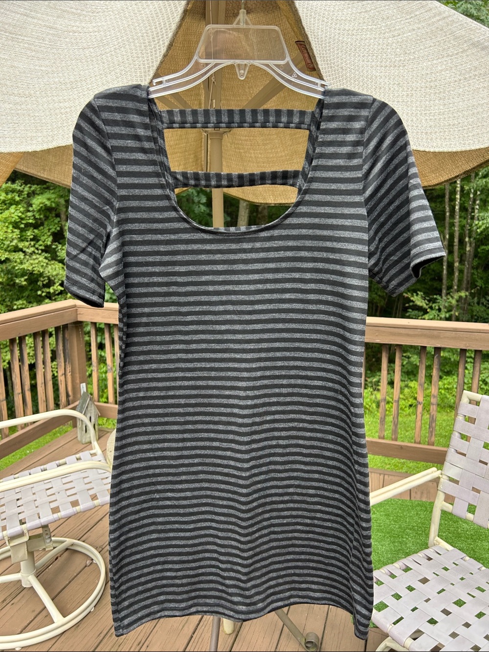 h.i.p. Gray and Black Striped Short Sleeve Scoop-Back Dress